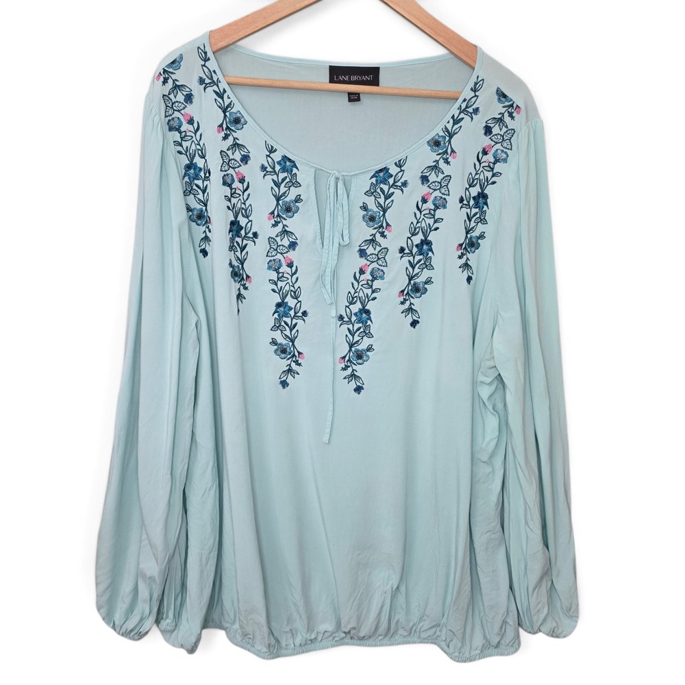Lane Bryant Blouse Womens 24 Aqua Blue Floral Embroidered Peasant Boho Top Plus